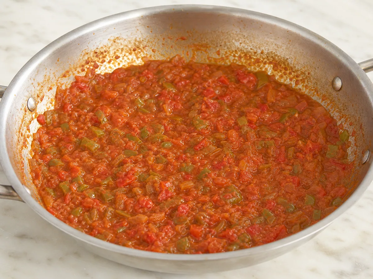 Base brilhante de tomate e pimentão reduzida, com uma trilha visível de espátula, para menemen turco