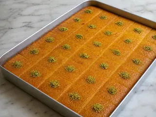 Rebanadas de revani turco de sémola con naranja cubiertas con pistaches picados