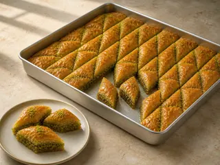 Baklava turca de pistacho cortada en rombos, con migas de pistacho verde intenso