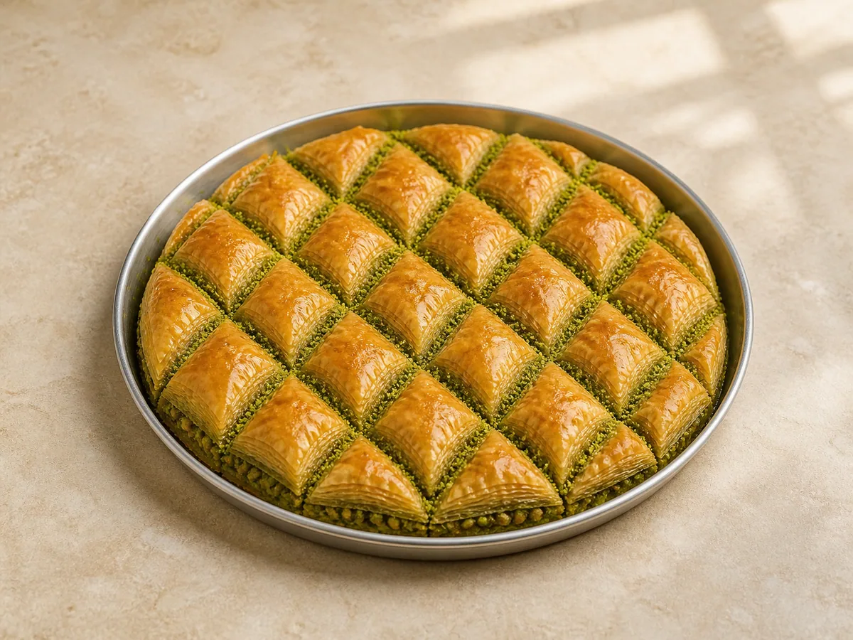 Baklava turca de pistache cortada em losangos, com farelos verde-vivos de pistache