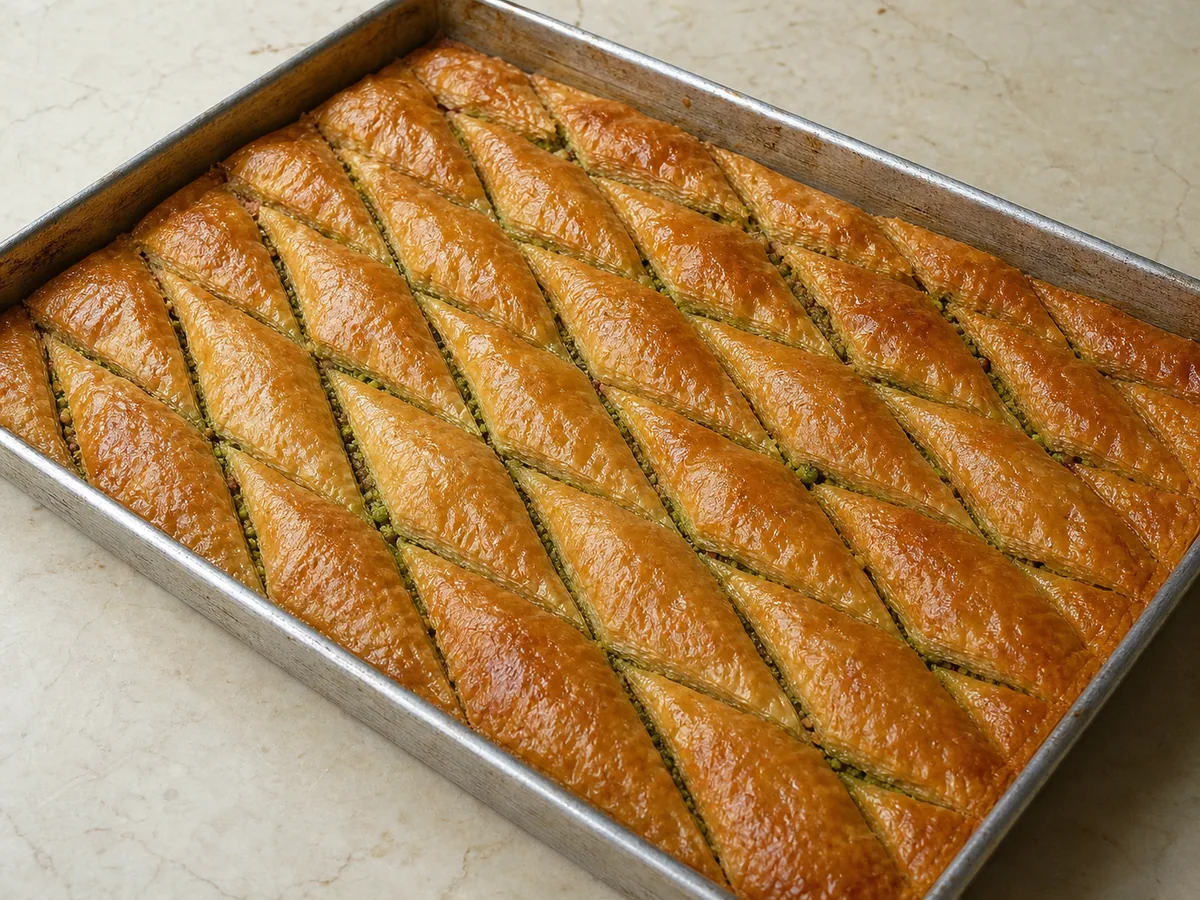 Baklava turco de pistacho crudo, cortado por completo en rombos uniformes antes de hornear