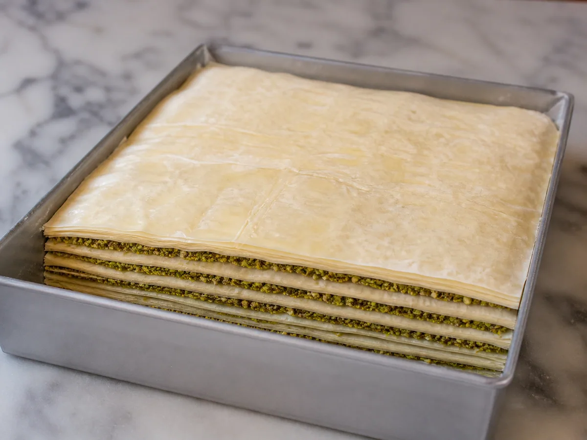 Capas de masa filo y pistacho en preparación