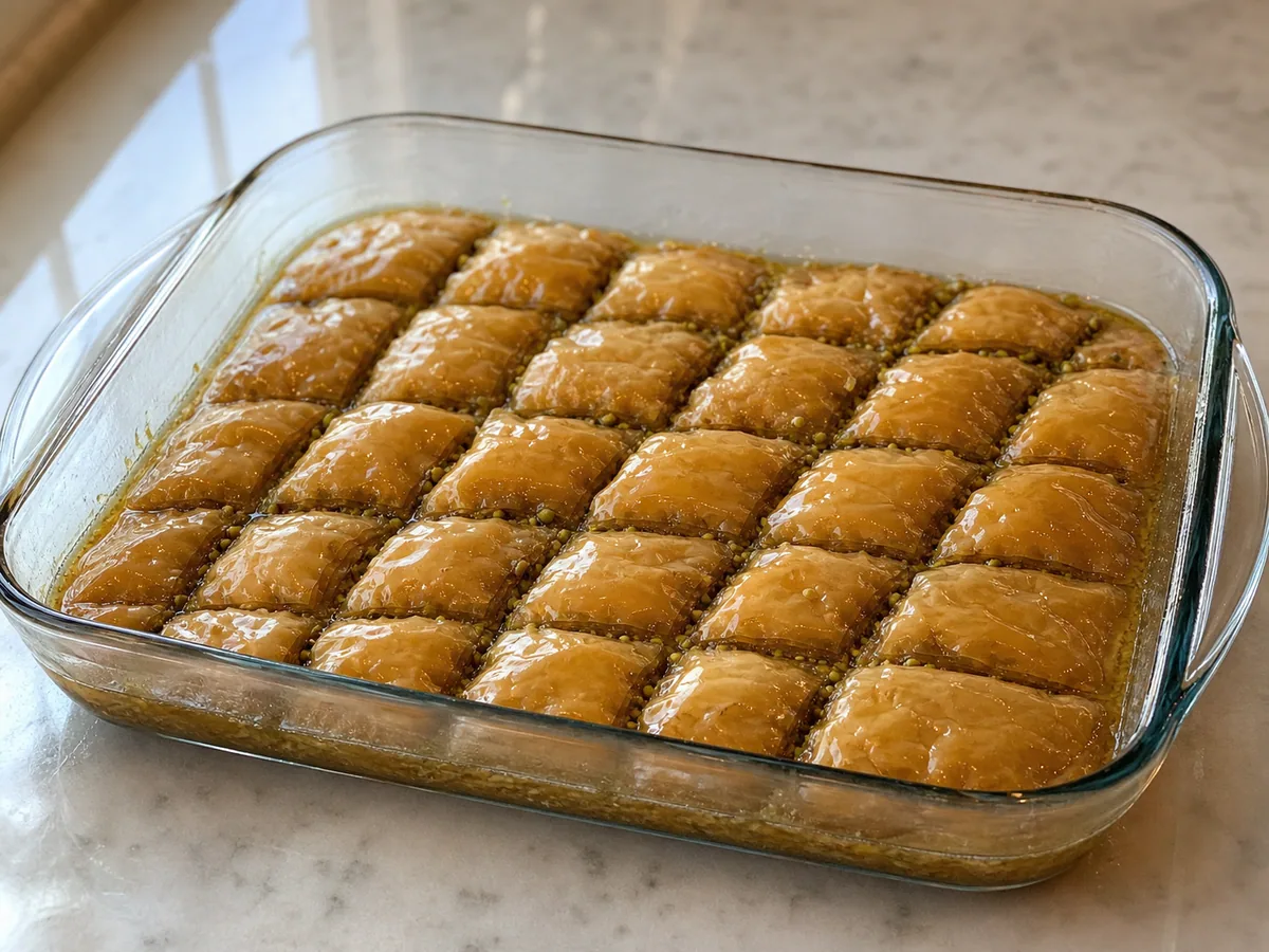 Jarabe frío de limón asentándose en los cortes del baklava turco de pistacho caliente y dorado