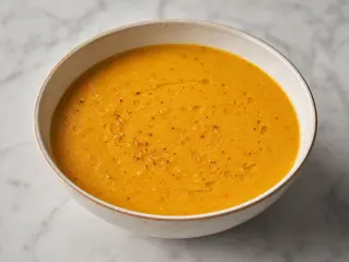 Tazón de sopa turca de lentejas rojas, suave, con aceite de pimentón y menta y limón