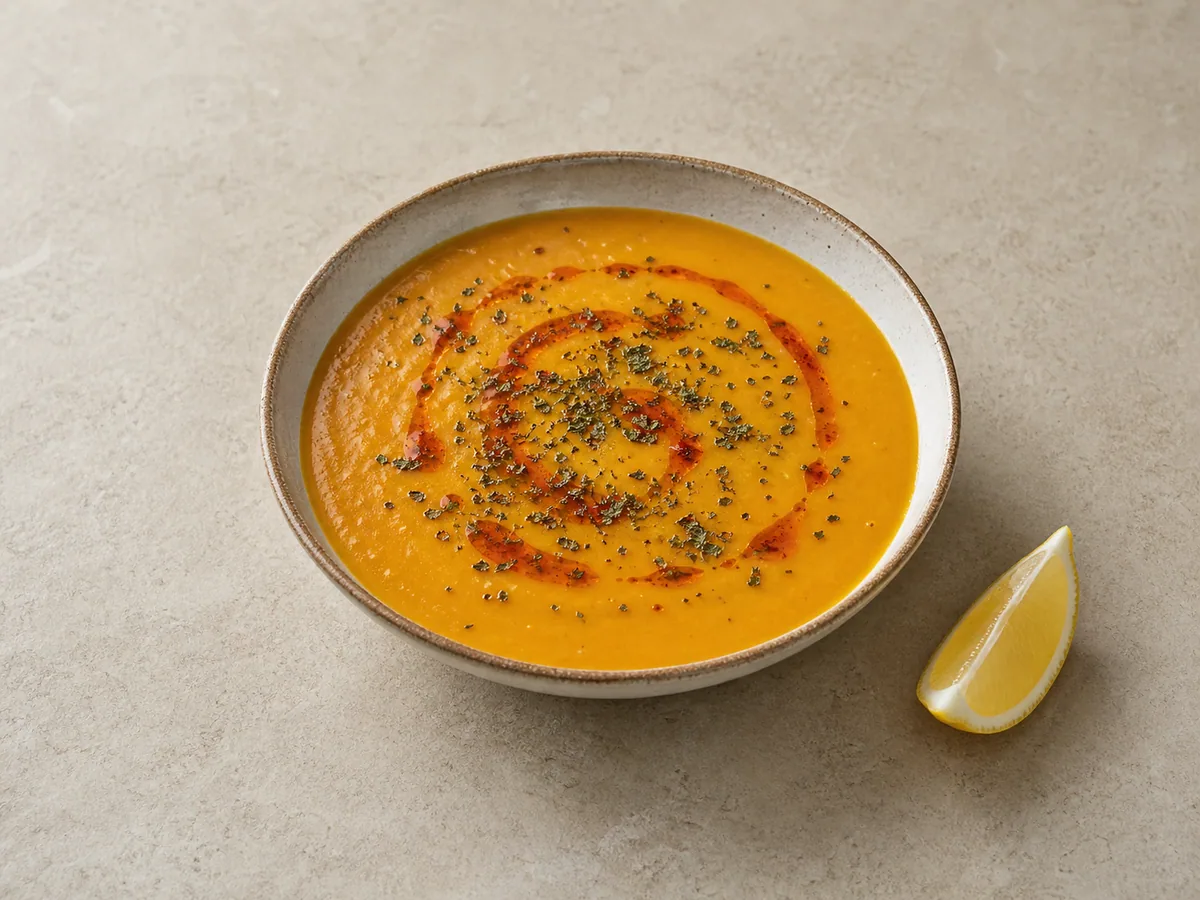 Tazón de sopa turca cremosa de lentejas rojas con aceite de pimentón y menta y limón