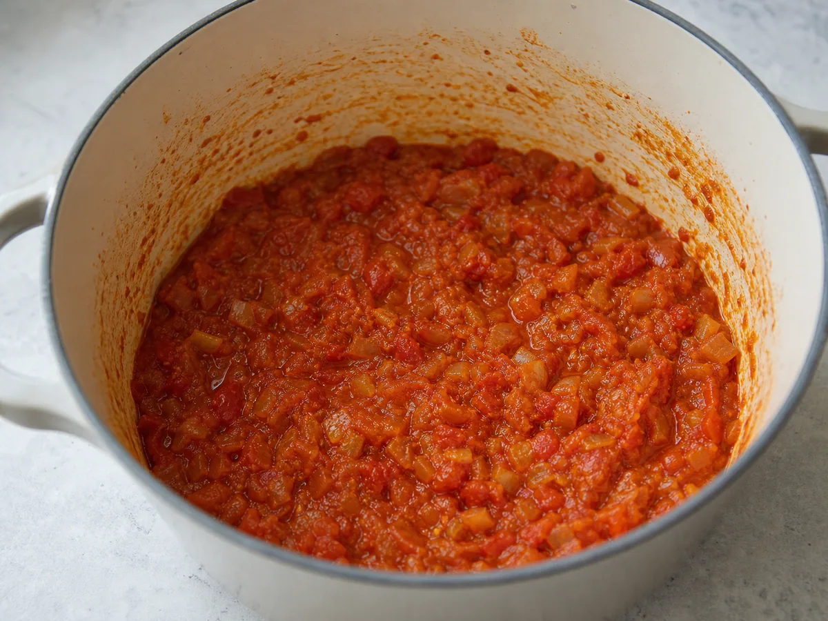 Pasta de tomate oscurecida y comino cubriendo verduras ablandadas para sopa turca de lentejas rojas