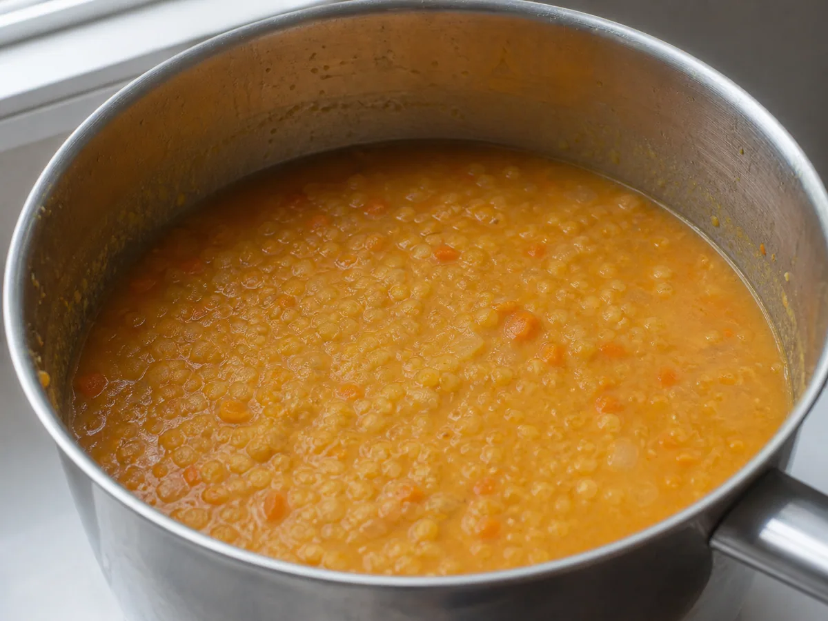 Lentejas rojas deshechas y verduras muy tiernas en sopa turca de lentejas rojas sin triturar