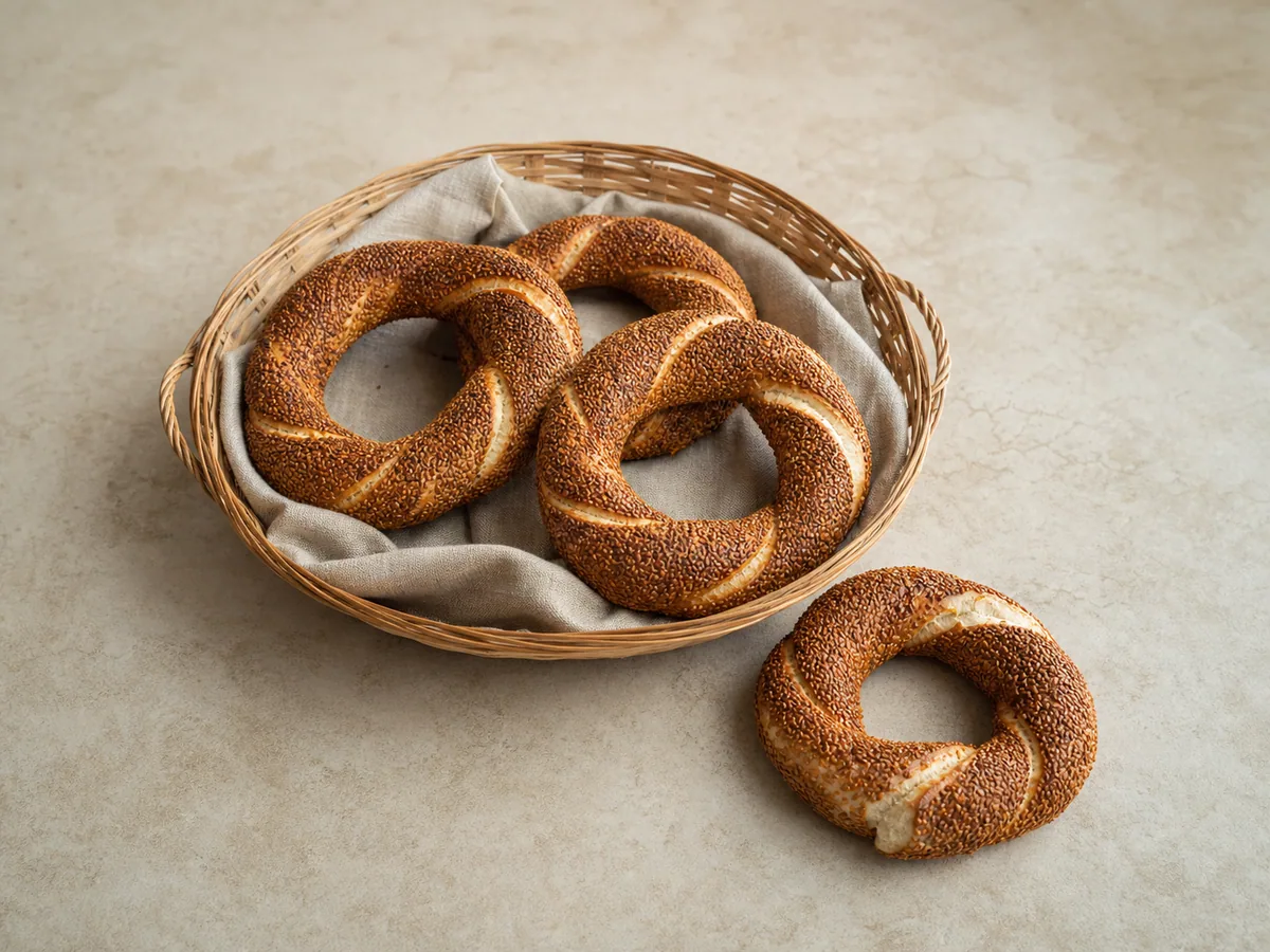 Twisted Turkish simit rings covered with toasted sesame seeds
