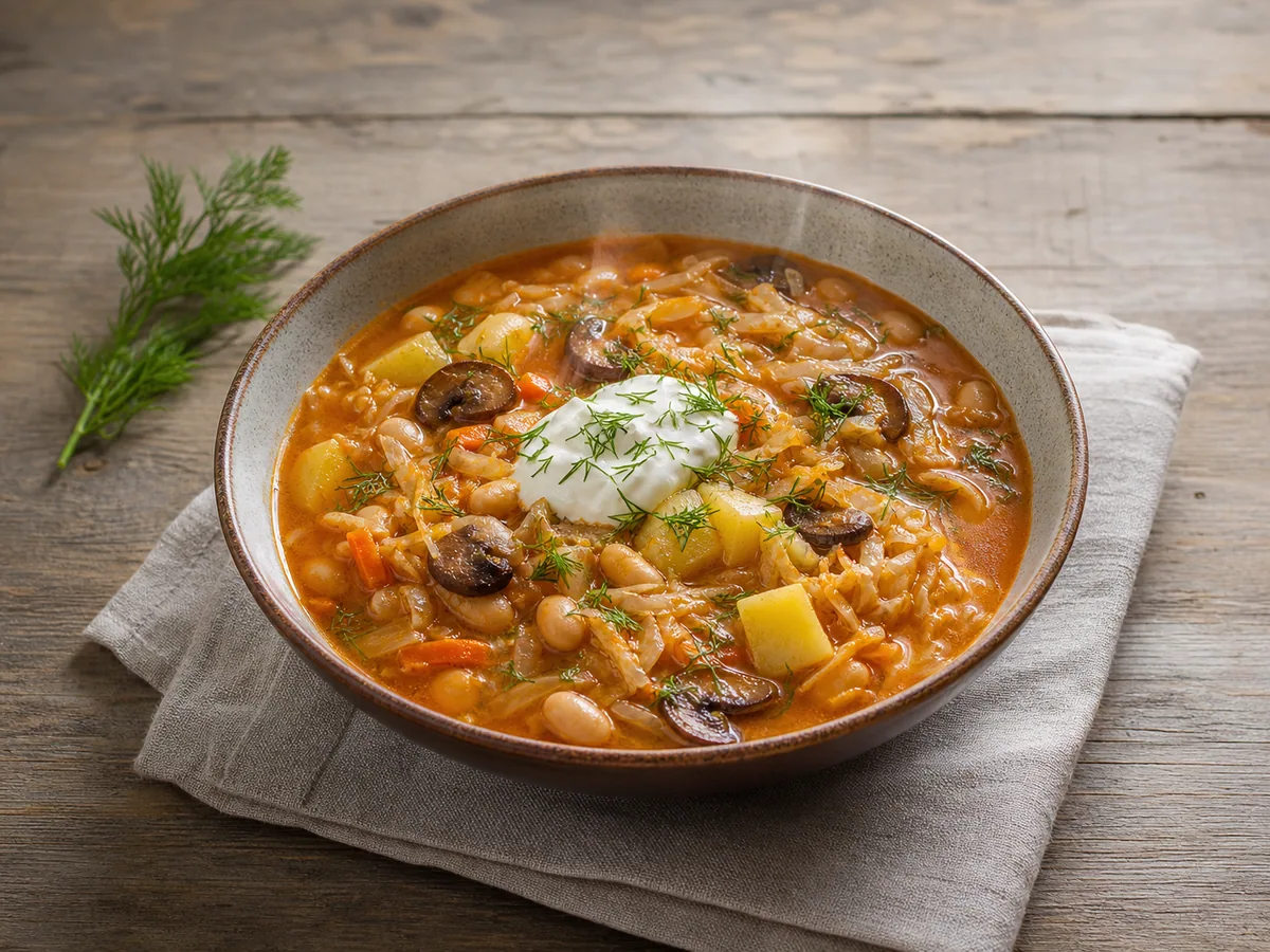 Tigela de sopa ucraniana de repolho e feijão com batatas, endro e creme azedo