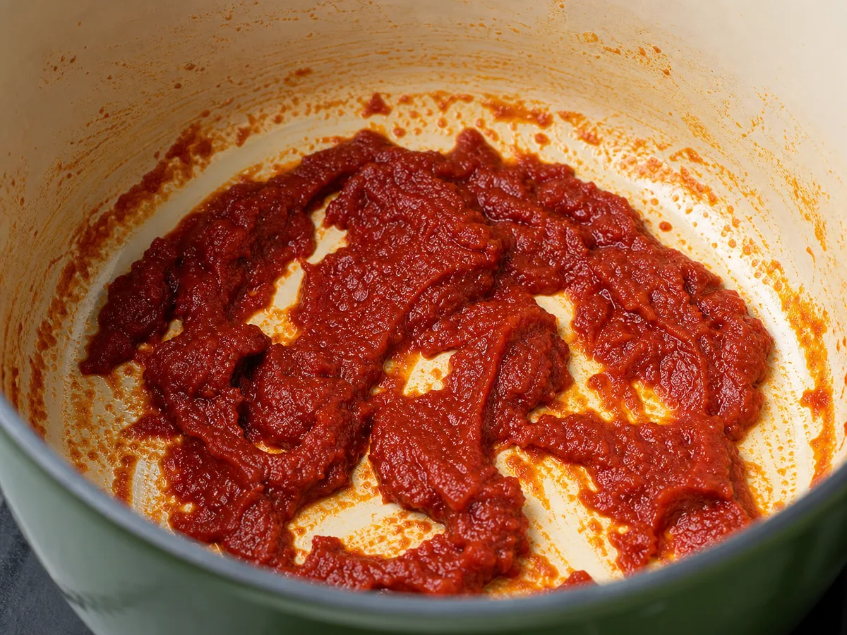 Pasta de tomate oscurecida cubriendo cebolla dorada, zanahorias y champiñones en la olla de sopa