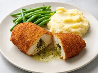 Golden Chicken Kyiv cut open to reveal melted garlic herb butter