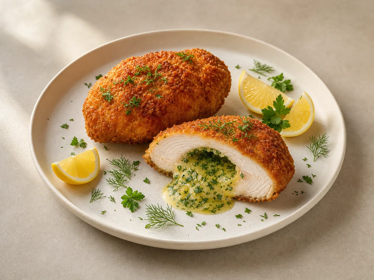 Golden Chicken Kyiv cut open to reveal melted garlic herb butter