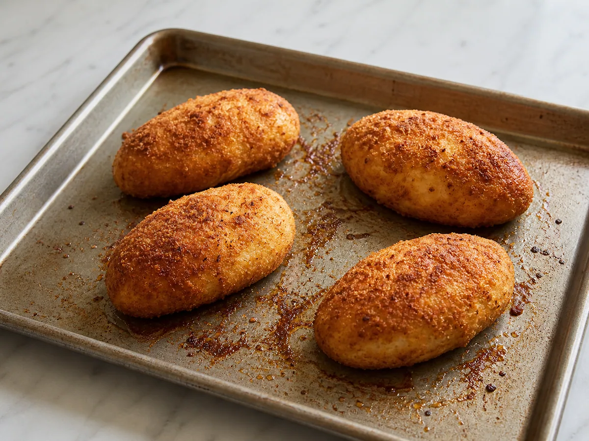 Termómetro insertado de lado en un filete de Pollo Kiev dorado y completamente cocido