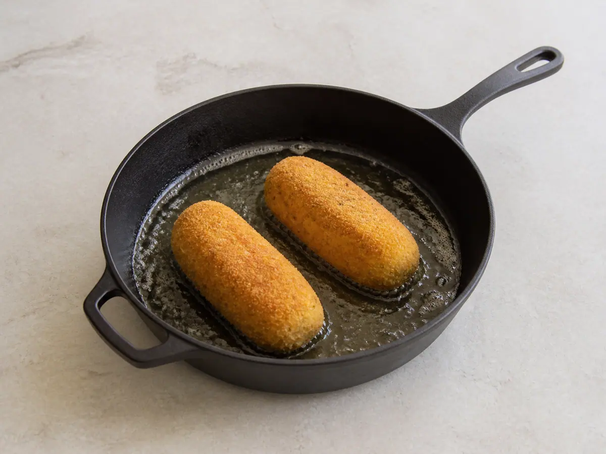 Breaded Chicken Kyiv cutlets browning in oil in an oven-safe skillet