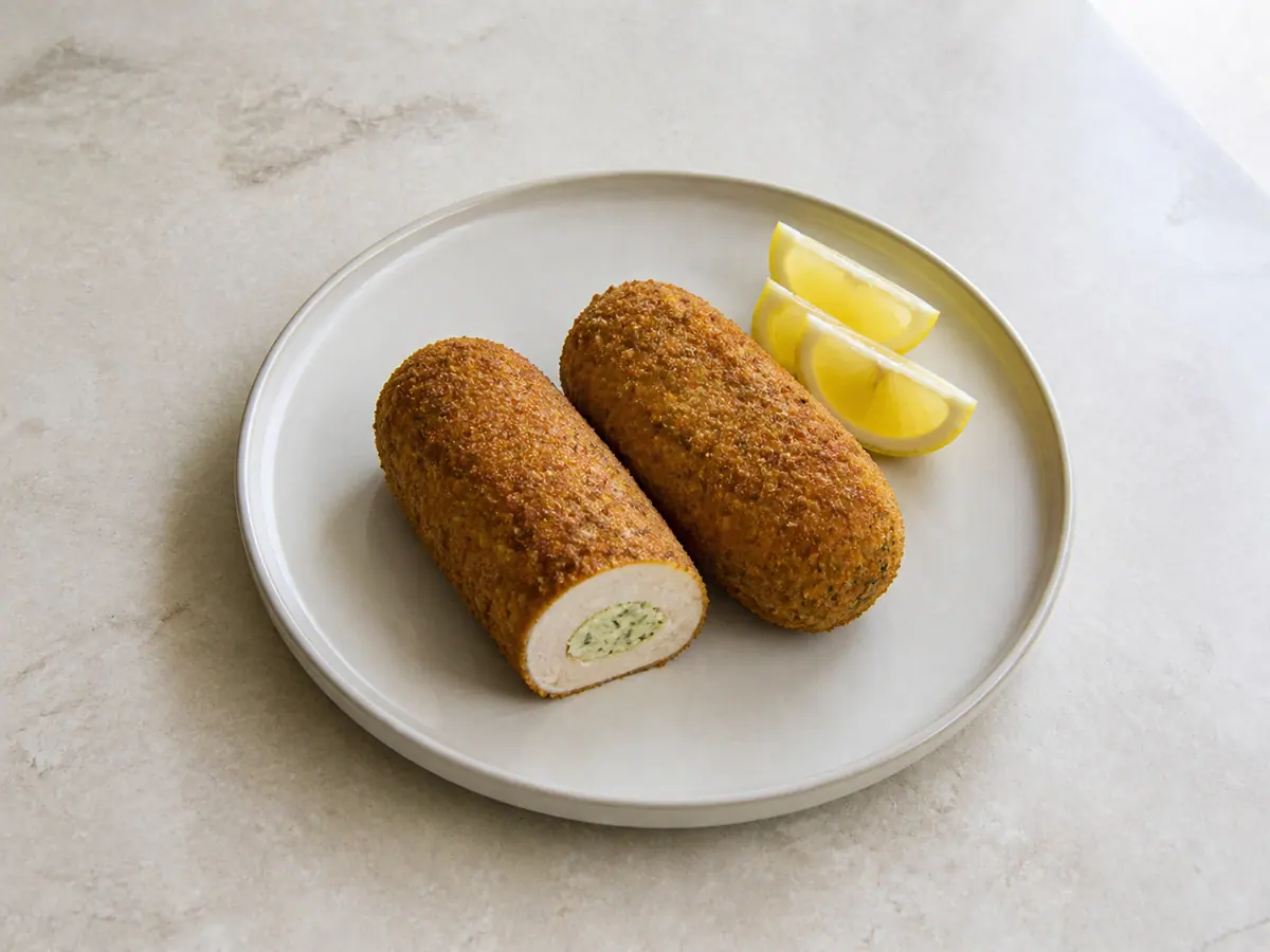 Rested Chicken Kyiv cutlets served with lemon wedges