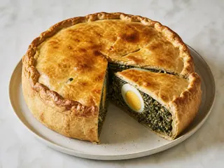 Golden Uruguayan spinach torta pascualina with one wedge removed, revealing spinach filling and a fully set baked egg