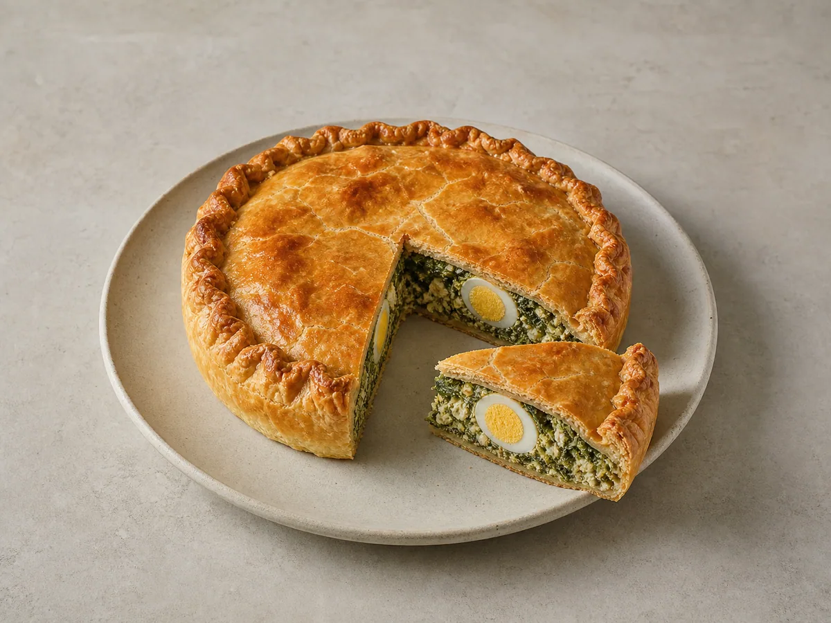 Torta pascualina uruguaia dourada de espinafre, com uma fatia mostrando o ovo assado