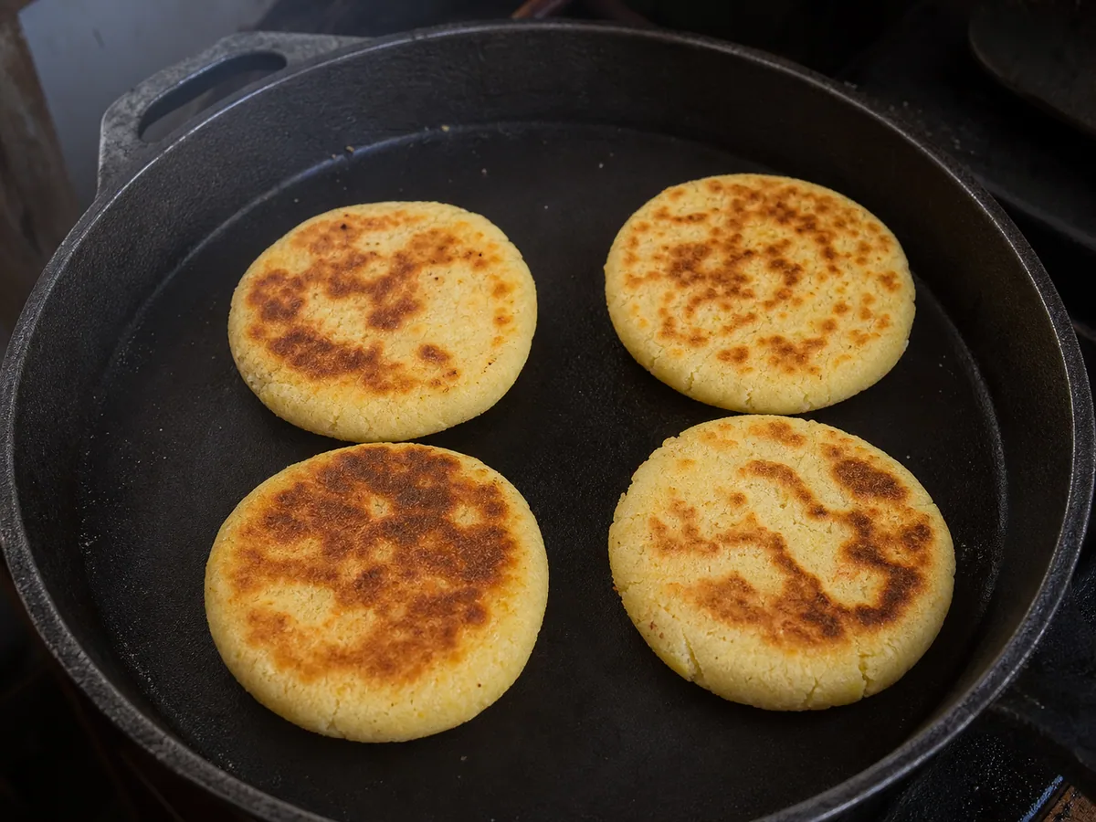 Arepas venezuelanas douradas cozinhando em uma frigideira pesada