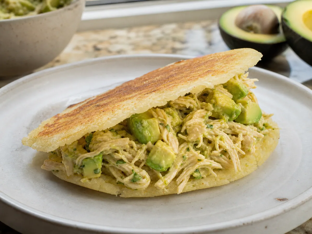 Arepa cozida aberta como um bolso com dobradiça e parcialmente recheada com frango e abacate