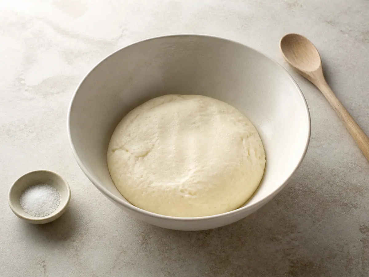 Soft hydrated white cornmeal arepa dough resting in a mixing bowl