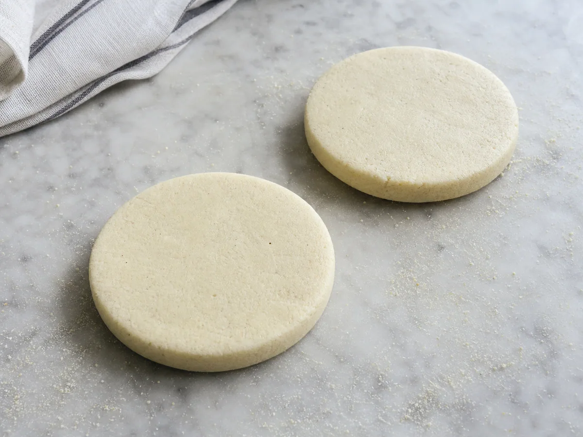 Discos de arepa crus, moldados de maneira uniforme e com bordas lisas