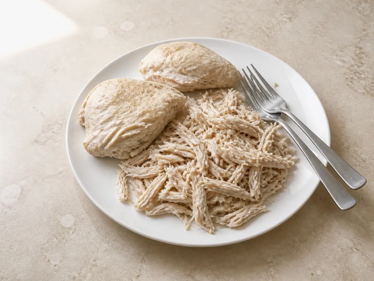 Fully cooked chicken resting and pulled into fine shreds on a clean plate