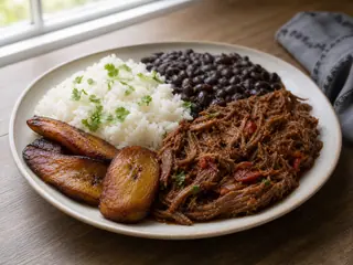 Venezuelan pabellón criollo with shredded beef, black beans, white rice, and fried plantains