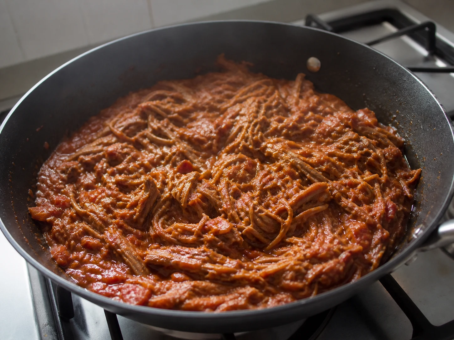 Carne mechada cubierta de tomate y cocinada hasta que la salsa se adhiera sin acumularse