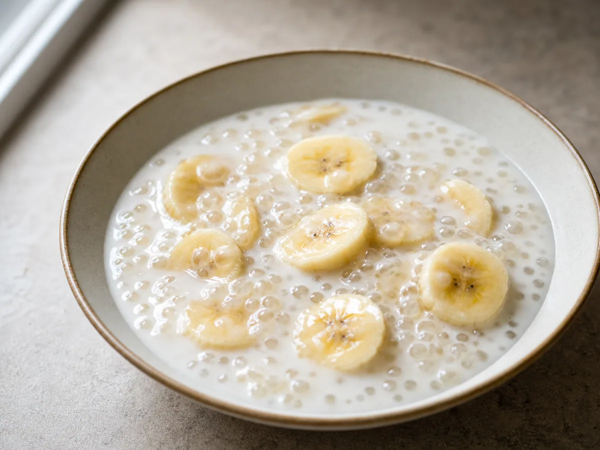 Bowl of Vietnamese banana tapioca pudding topped with crushed peanuts