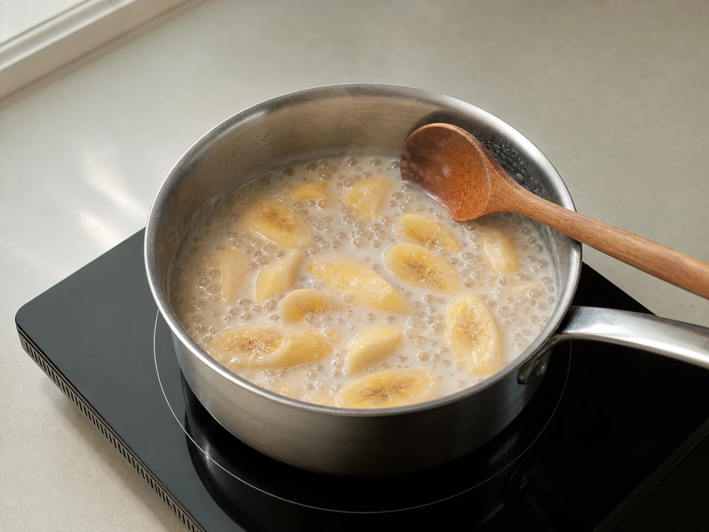 Tender banana pieces and fully translucent tapioca pearls simmering in coconut pudding