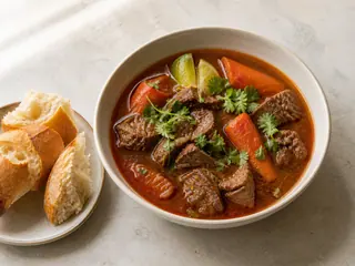 Tazón de bò kho vietnamita con carne tierna, zanahorias, hierbas, lima y pan crujiente