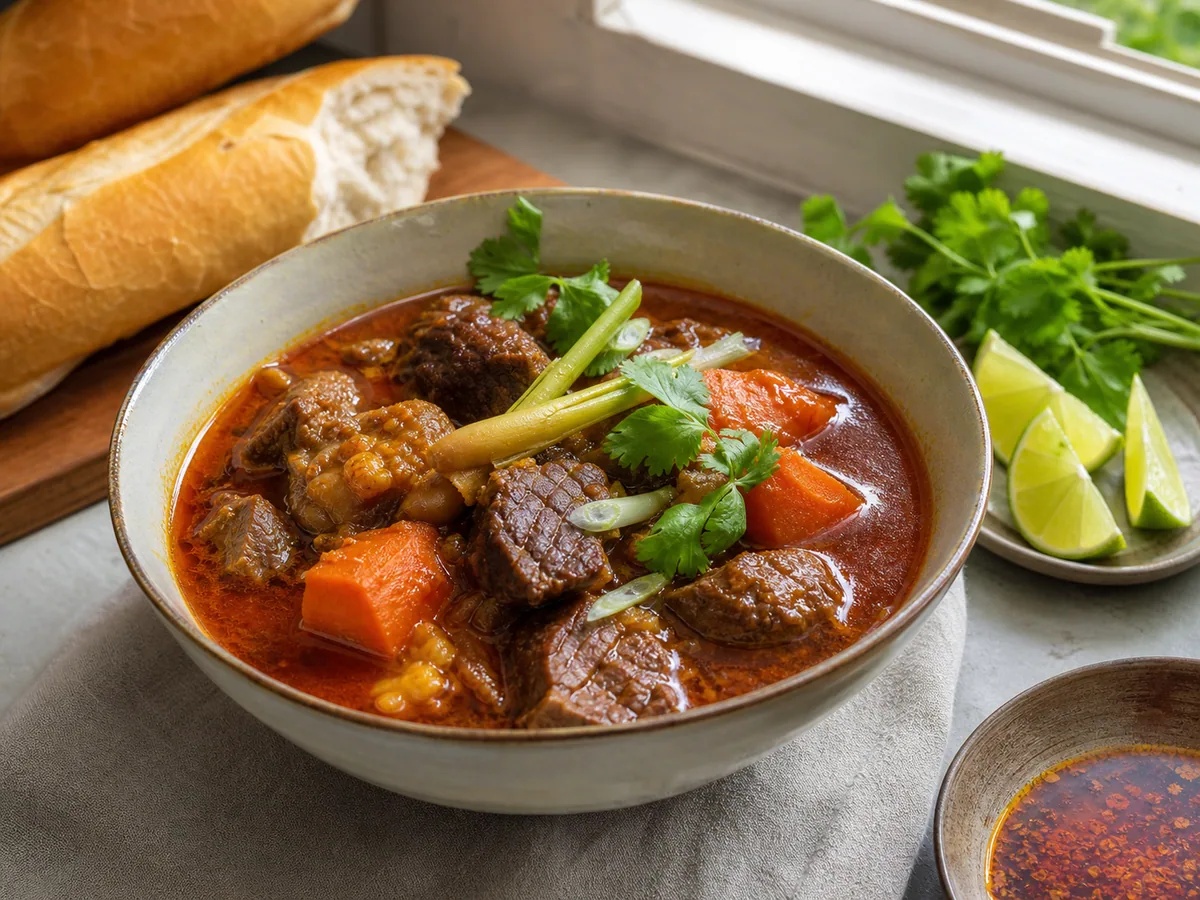 Tazón de bò kho vietnamita con carne tierna, zanahorias, hierbas, lima y pan crujiente