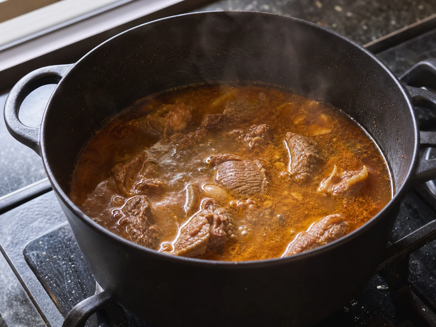 Fork-tender fully cooked beef braising in Vietnamese bò kho broth before carrots are added