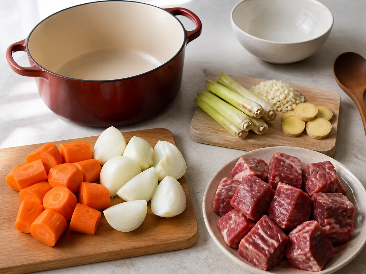 Prepare the vegetables, aromatics, and beef