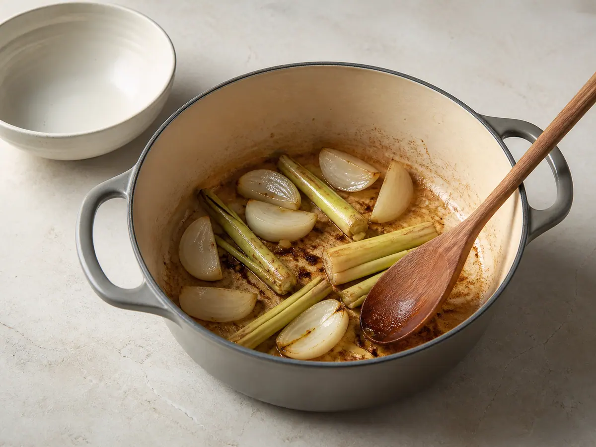 Soften the onion and lemongrass