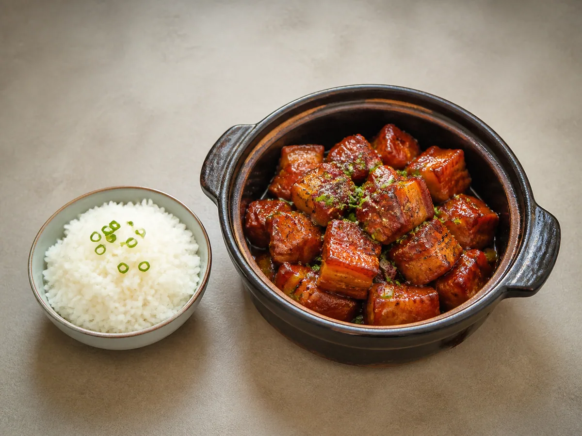 Vietnamese caramel pork in a dark clay pot with scallions and jasmine rice