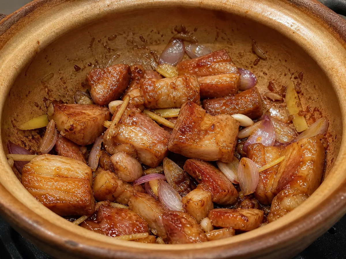 Coat the pork and soften the aromatics during preparation