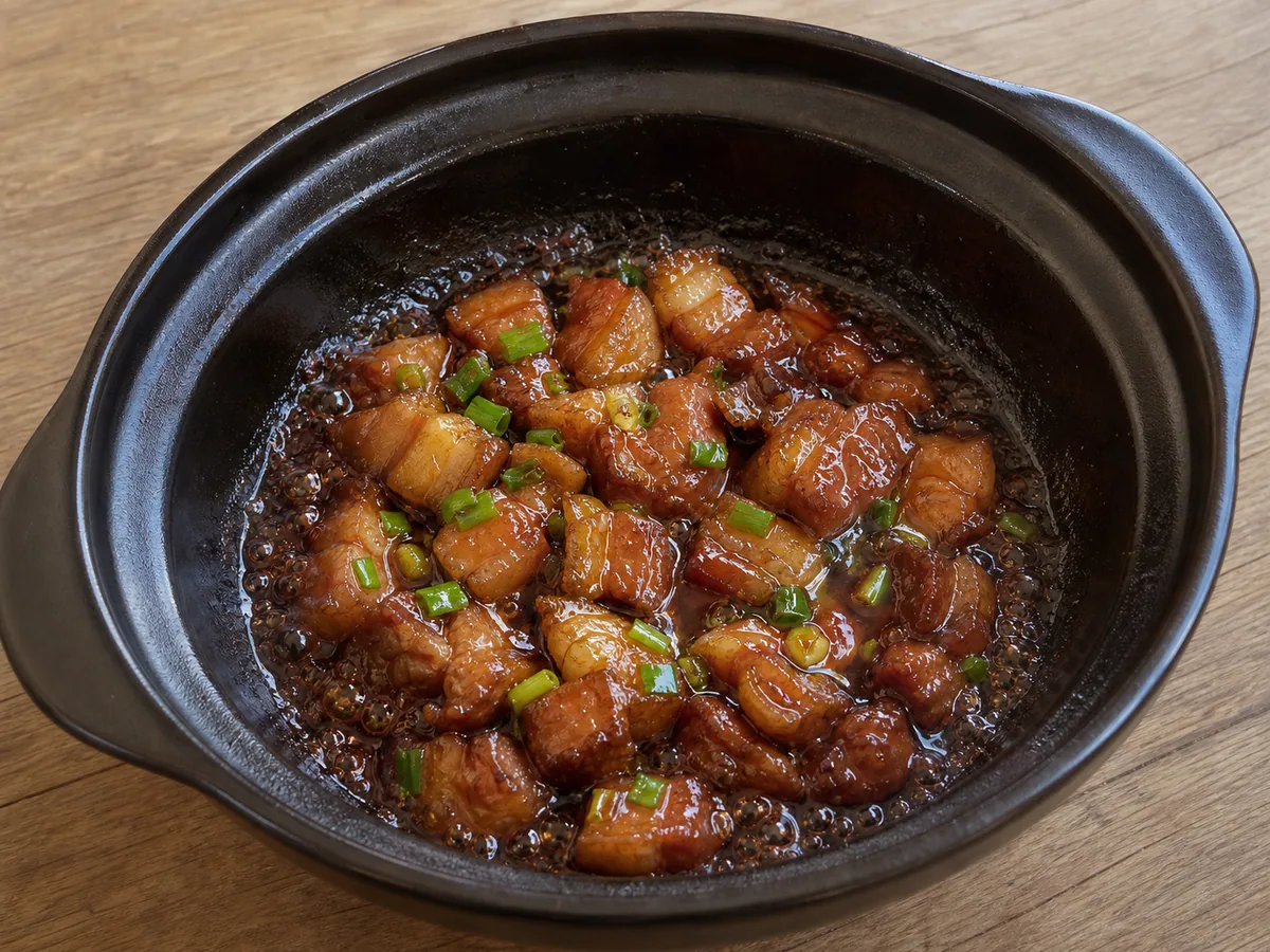 Cerdo vietnamita caramelizado y brillante después de reducir la salsa