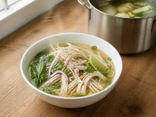 Tazón de pho vietnamita de pollo con fideos de arroz, hierbas, brotes de frijol mungo y lima