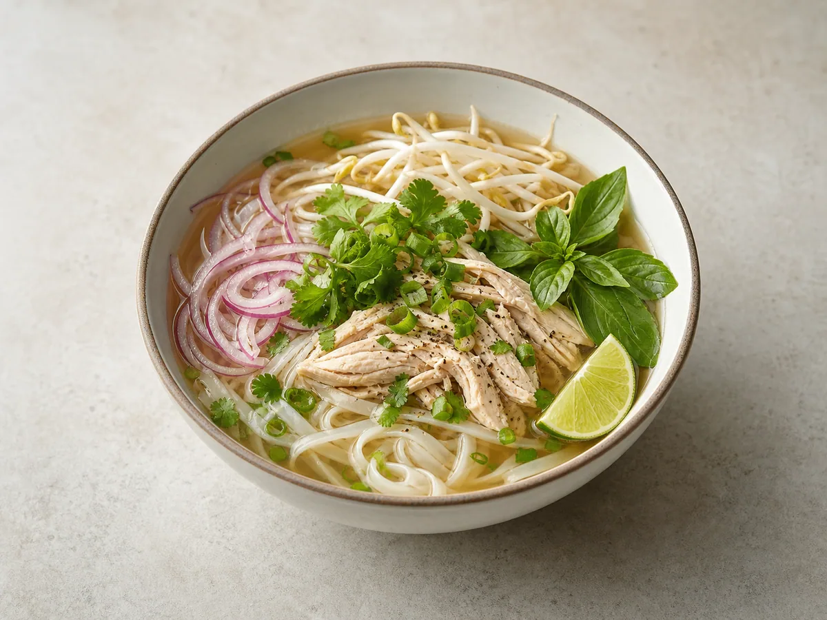 Tigela de pho vietnamita de frango com macarrão de arroz, ervas, brotos de feijão e limão