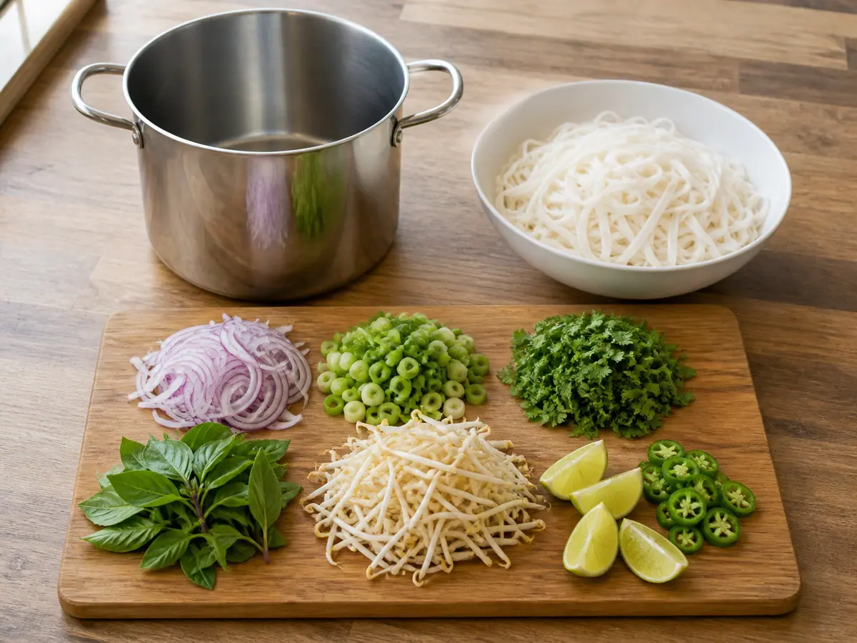 Prepare the noodles and fresh garnishes