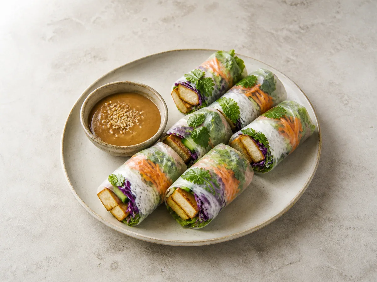 Rolinhos vietnamitas frescos de tofu com molho de amendoim