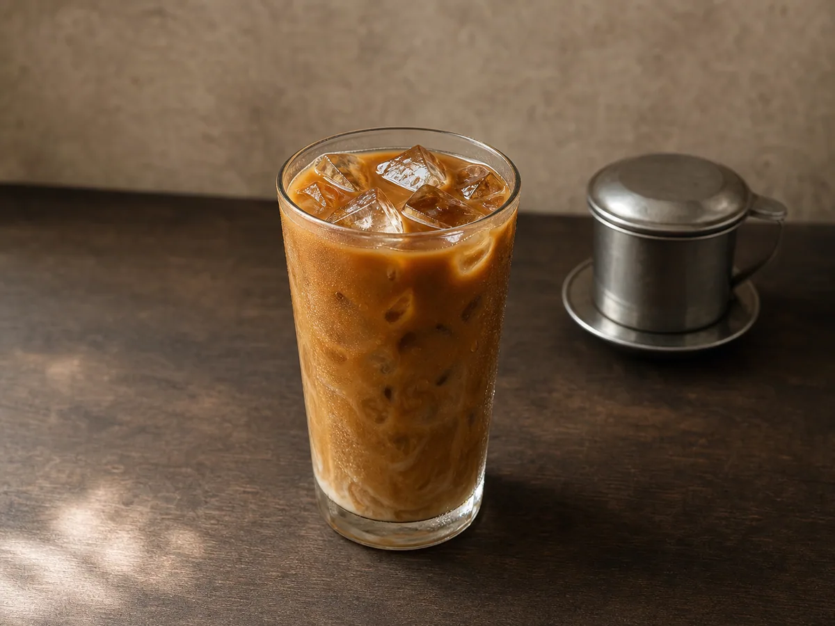 Tall glass of Vietnamese iced coffee with condensed milk and ice