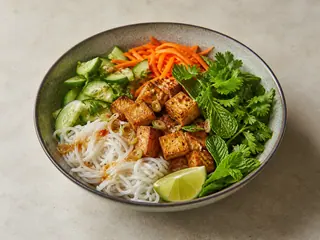 Ensalada vietnamita de fideos de arroz con tofu y limoncillo, hierbas, verduras y cacahuates