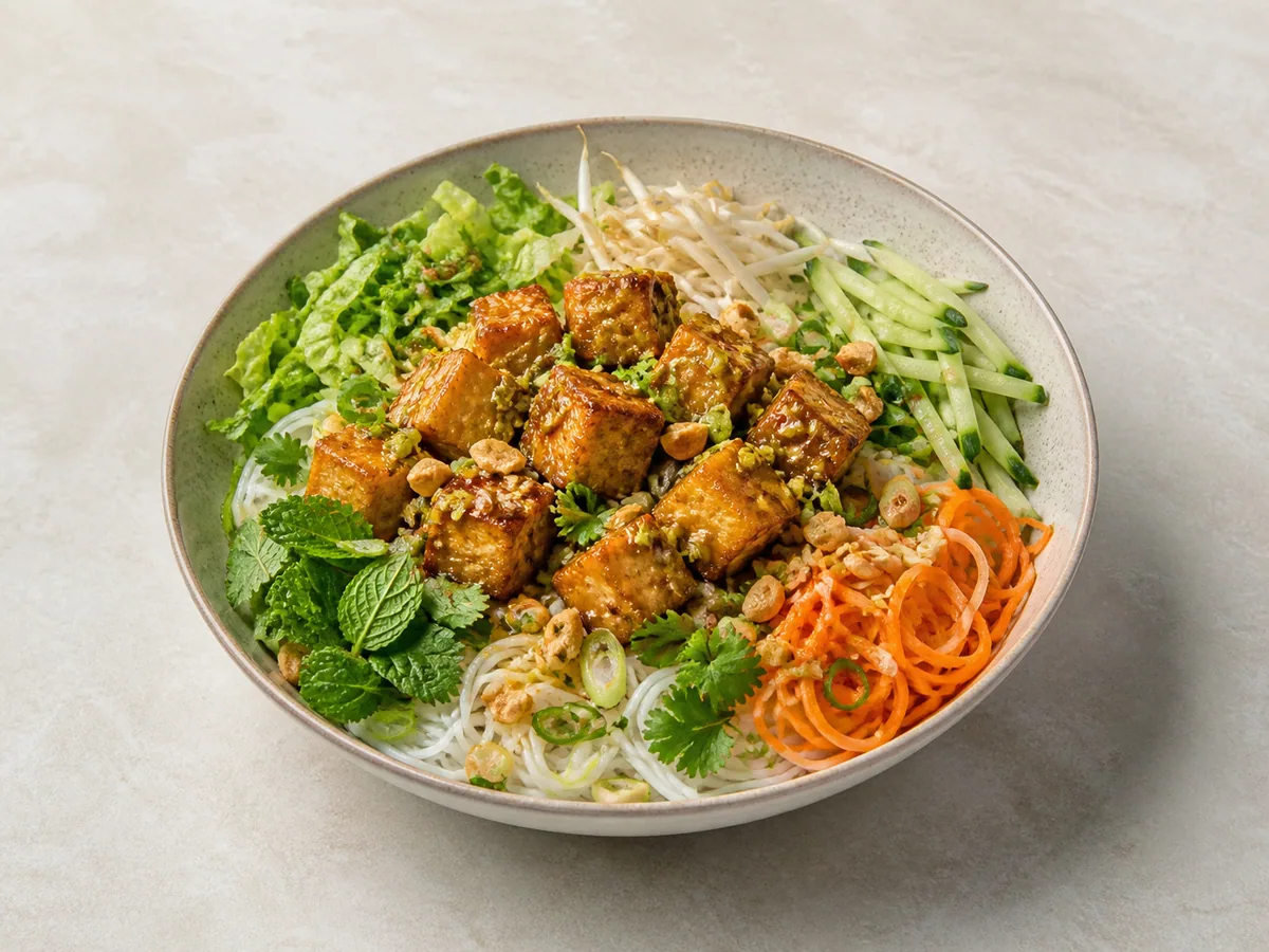 Ensalada vietnamita de fideos con tofu al limoncillo, hierbas, vegetales y cacahuates