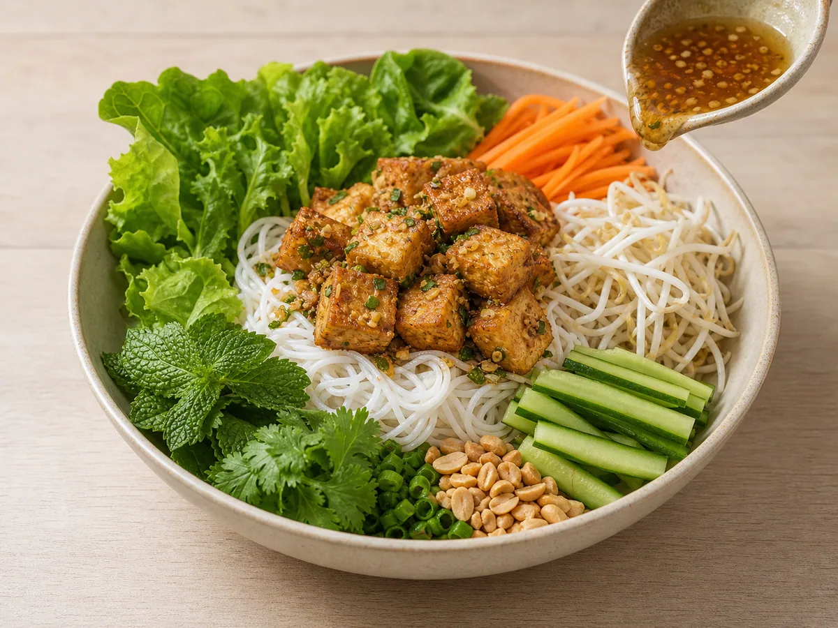 Assemble and dress the noodle salad during preparation