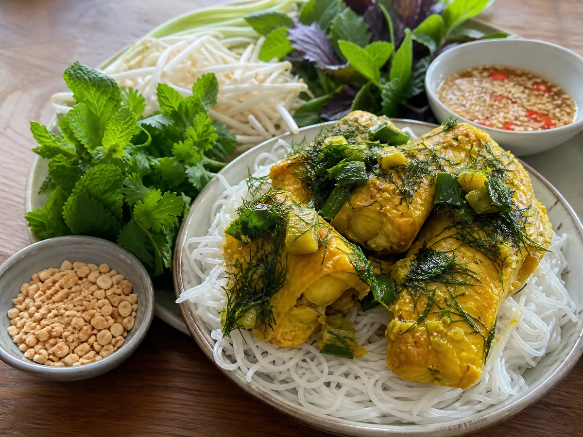 Turmeric cod with wilted dill and scallions over rice noodles with peanuts and herbs