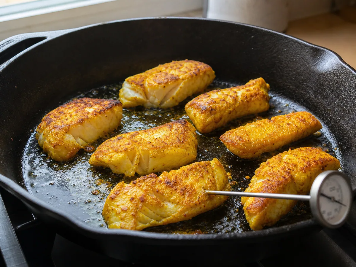 Safely cooked turmeric cod with browned edges and opaque flaky centers in a skillet