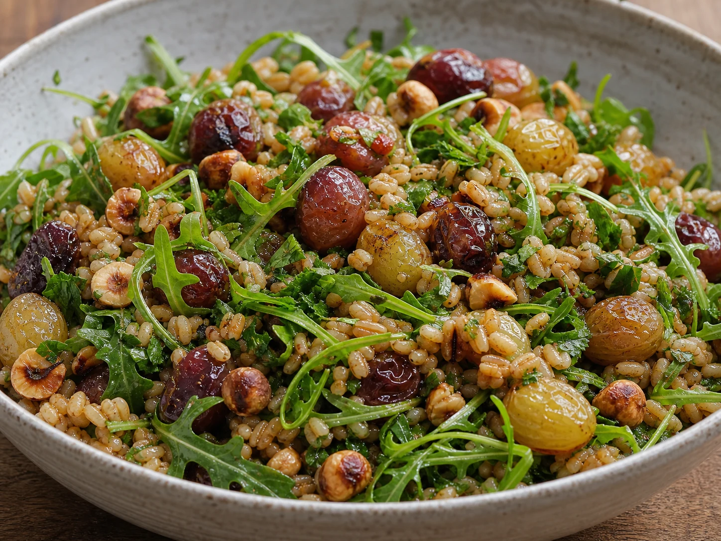 Salada morna de cevada misturada delicadamente com uvas assadas, rúcula levemente murcha, salsinha e avelãs tostadas em uma tigela