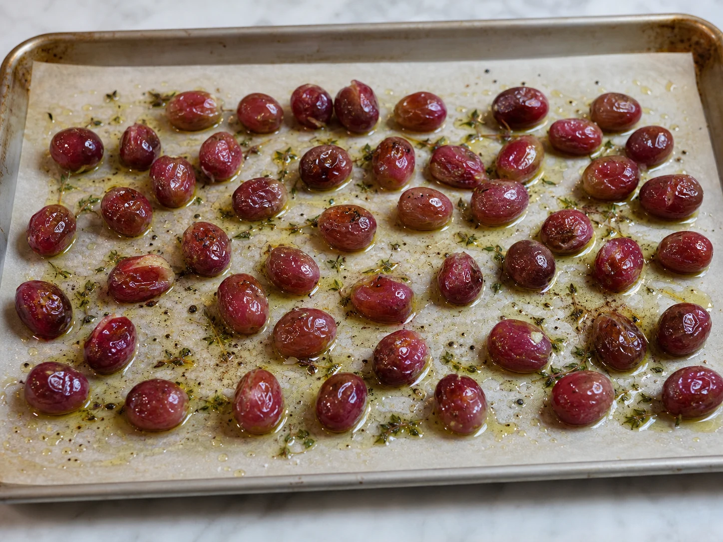 Uvas vermelhas sem sementes, com bolhas e tomilho, assando em uma assadeira para a salada morna de cevada